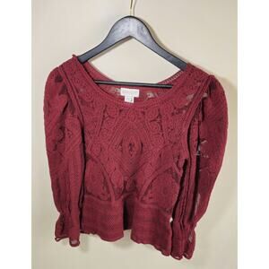 Apricot Lace Crochet Top Womens S Burgundy Boho RomanticSheer Puff Sleeve Blouse